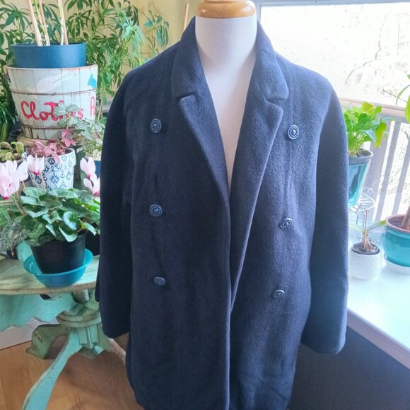 Vintage Louis Goldstein 1950s Wool Coat Navy Open Front Modern Size M to L - Picture 1 of 12